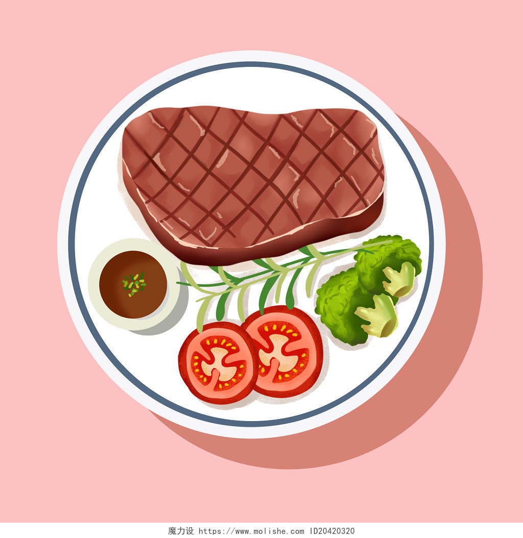 彩色卡通手绘营养餐轻食沙拉牛排健康美食素材原创插画海报